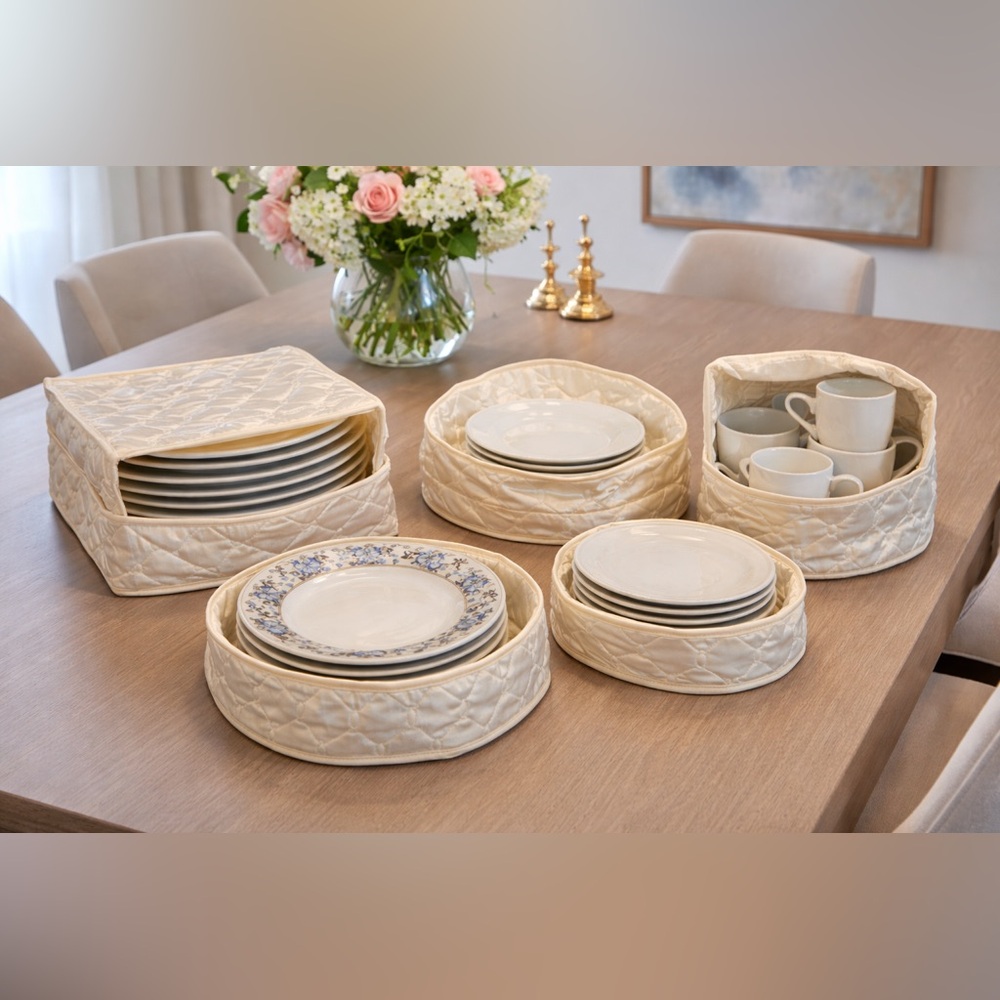 6 Pc Quilted Satin Dinnerware Storage Protectors Set Plate Dividers